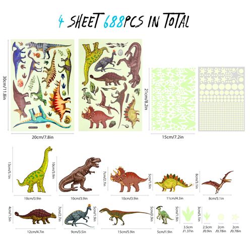 SNAIL GARDEN 688PCS Glow in The Dark Dinosaur Stickers,Dinosaur Wall Stickers,Luminous Wall Stickers Dinosaur Wall Decors,Animal Wall Stickers for Kids Bedroom Nursery Living Room Decor(Green Light)