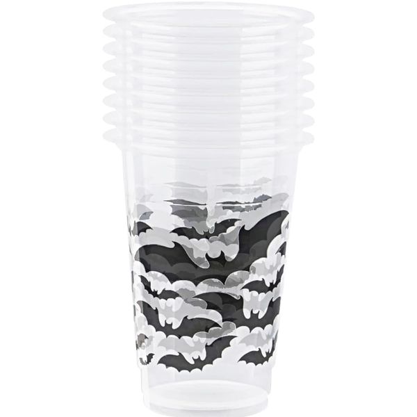 Unique Black Bats Plastic Party Cups - 16oz | Clear | 8 Pcs