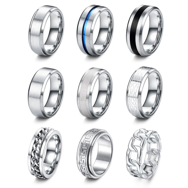 LOLIAS 9 Stück Edelstahl Herren Ringe Silber Matt Finish Poliert Band Ringe Ketten Ringe Flaschenöffner Ringe Ehering Verlobungsringe Vintage Fidget Ring für Männer Damen