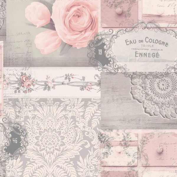 YöL Decoupage Patchwork Floral Wallpaper Flowers Pink Grey Silver Metallic