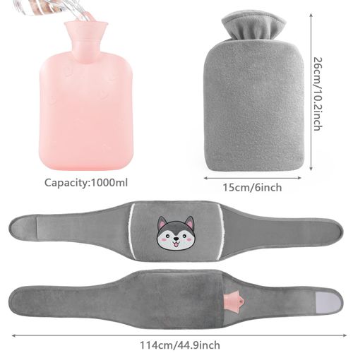 Mokani Hot Water Bottle Belt, Wrap Around Wearable Soft Furry Hot Water Bottle with Cover UK, Rubber Warm Water Bag for Shoulder, Neck, Hand, Waist, Back, and Period Pain Relief, Grey