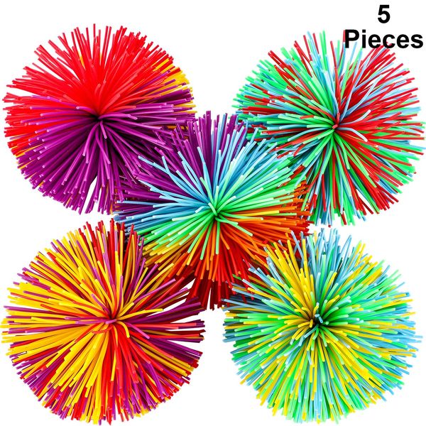 5 Stücke AFFE Stringy Balls Sensory Fidget Stringy Balls Weiche Regenbogen Pom Bouncy Stress Balls mit Aufbewahrungstasche, Mehrfarbig (5 Stücke)