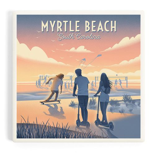 Myrtle Beach, South Carolina, Lithograph, Enjoy The Ride, Longboards and Scooters (Absorbent Ceramic Coaster, Single, Cork Back, Kitchen Table Decor)