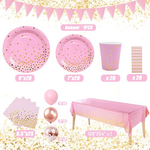 Party Tableware Pink and Gold 20 Guests Paper Tableware Set, Paper Plates Napkins Cups Straws Tablecloth Balloons for Wedding Engagement, Baby Shower, Kids Girls Birthday Party Supplies Decorations