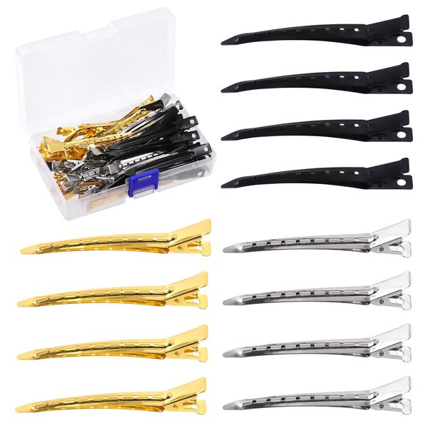 Rustark 45pcs 3 Colors Duck Billed Hair Clips Kit 9cm Metal Alligator Curl Clips with Holes Duck Bill Clips No-Trace Pin Curl Clips Bulk for Women Hair Styling Sectioning Salon