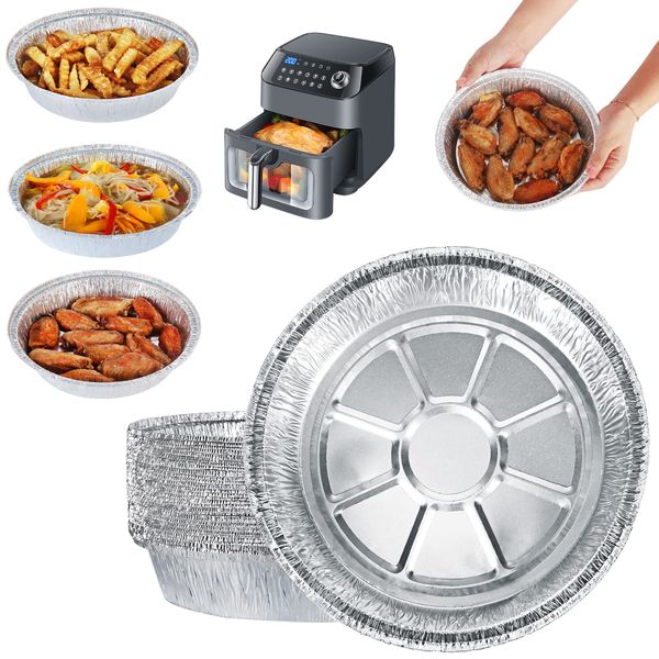 BYKITCHEN Air Fryer Round Aluminum Foil Trays, 30 Pack, 8.5 Inch Air Fryer Liners, Foil Plate Container, Air Fryer Accessories for COSORI, Ninja, Tower Cooking & Baking