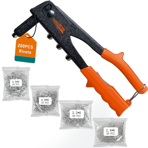 Meiwaltee Rivet gun,Professional Pop Rivet Gun Kit with 200Pcs Rivets, 3/32"-1/8"-5/32"-3/16", Heavy Hand Riveter kit Suitable for Metal work, Gutter, Automotive and other common DIY projects