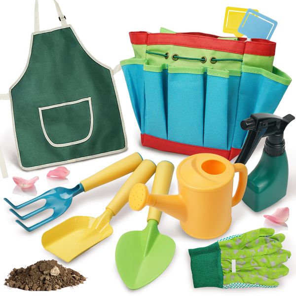 SMILESSKIDDO Kids Gardening Set - Toddler Gardening Set with Shovel Rake Trowel, Apron Tote Bag Watering Can for Kids Gardening Tools - Ideal Kids Gardening Tools Gift for Boys and Girls