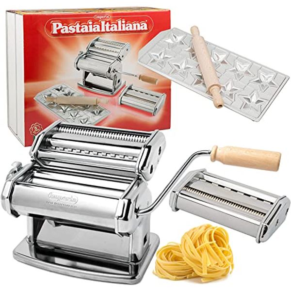 Pasta Maker Machine by Imperia- Heavy Duty Deluxe Set w 2 Attachments, Made in Italy, Star Ravioli Mold & Rolling Pin, Steel Construction w/ Wooden Grip Handle, Make Fresh Authentic Italian Noodles