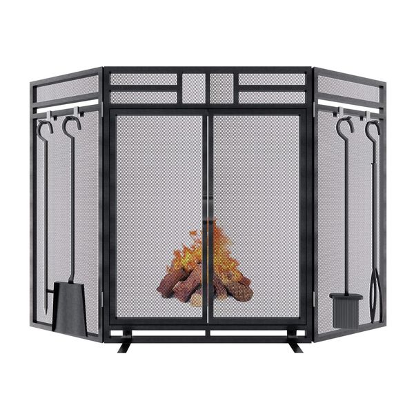 Fireplace Screen With Doors And Tools Set3 Panel Foldable Metal Decorative Firep