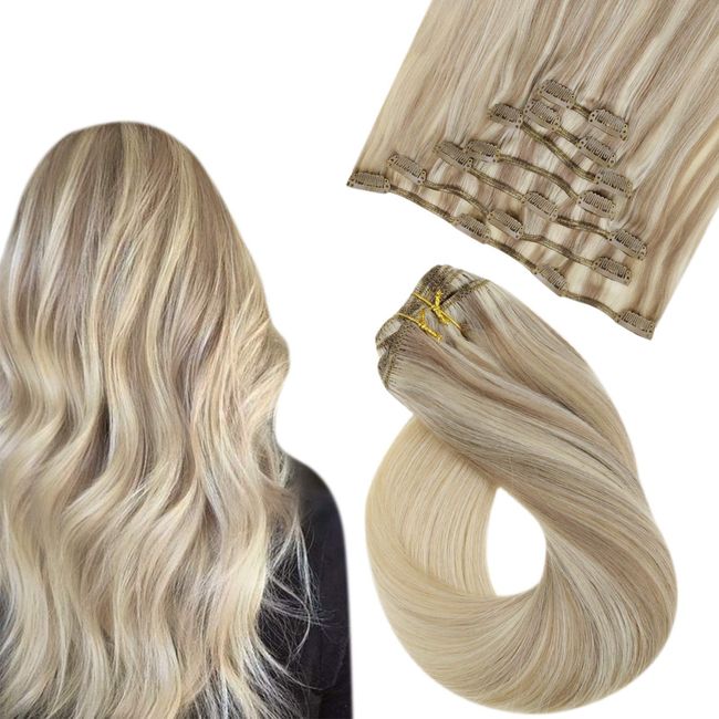 Easyouth Human Hair Clip in Extensions 22 Inch 100g 7 Pieces Ash Blonde Mix Blonde with Platinum Blonde Invisible Clip in Hair Extensions Real Hair