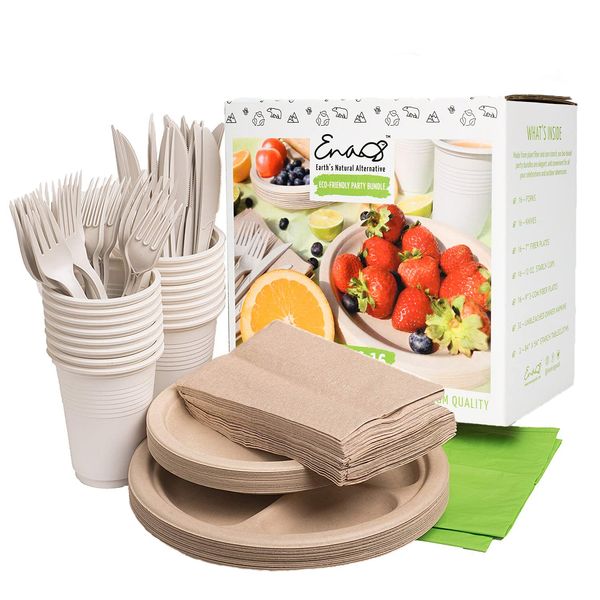 Eco-friendly Camping Supplies [16 Dinnerware Set] for Picnic Basket & Party Supplies. Compostable Paper Plates, Napkins, Biodegradable Utensils, Cups, Green Tablecloths, by Earth's Natural Alternative