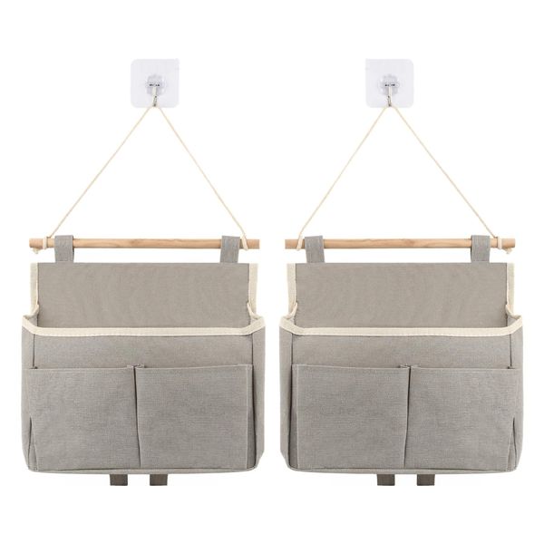 2Pcs Wall Hanging Storage, High Capacity Hanging Storage Bag with Pockets, Waterproof Linen Fabric Hanging Storage Foldable Wall Storage with 2 Hooks, Hanging Storage Organiser for Bedroom Kitchen