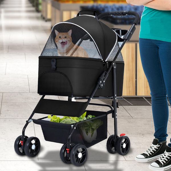 4-Wheel Pet Stroller Foldable Dog Stroller Cart Jogging Stroller W/Cup Holder