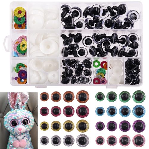 Rustark 64 Sets Glitter Plastic Safety Eyes Stuffed Crochet Eyes Craft Doll Eyes Kit with Washers for DIY Crafts Projects 12 16 18 20mm Brown Blue Silver Pink Purple Green Gold Light Purple