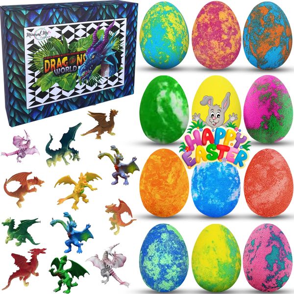 Bath Bombs for Kids with Surprise Inside - 12 Organic Bubble Bath Fizzies with Dragon Egg Toys. Gentle & Kids Friendly Bath Balls. Birthday Gift, Easter Basket Stuffers for Kids, Boys, Girls, Toddler