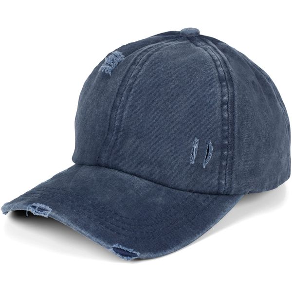 styleBREAKER Damen Baseball Cap im Washed Destroyed Used Look, Ponytail, 6-Panel, Klettverschluss verstellbar 04023080, Farbe:Jeansblau