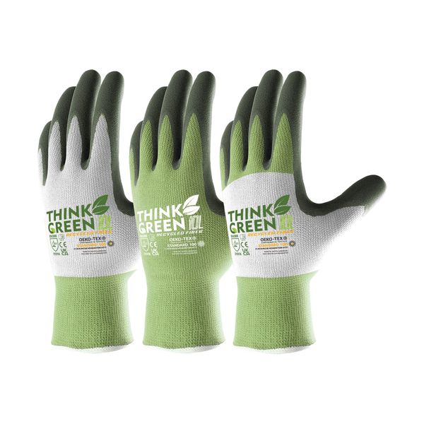 COOLJOB Gardening Gloves for Women and Men, 3 Pairs Recycled Polyester Garden Gloves with Rubber Coated, Green, White & Grey, Medium Size (3 Pairs M)