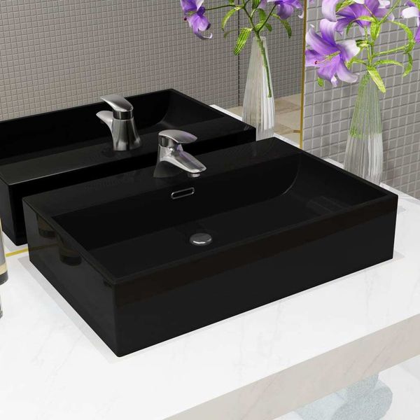 Basin with Faucet Hole Modern Ceramic Black 23.8" Home Wash Vanity Sink vidaXL