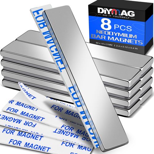 DIYMAG 8 Pack Powerful Neodymium Bar Magnets Rare Earth Magnet Bar, Strong Bar Magnets Neodymium Magnets with Double Sided Adhesive-60x10x3mm