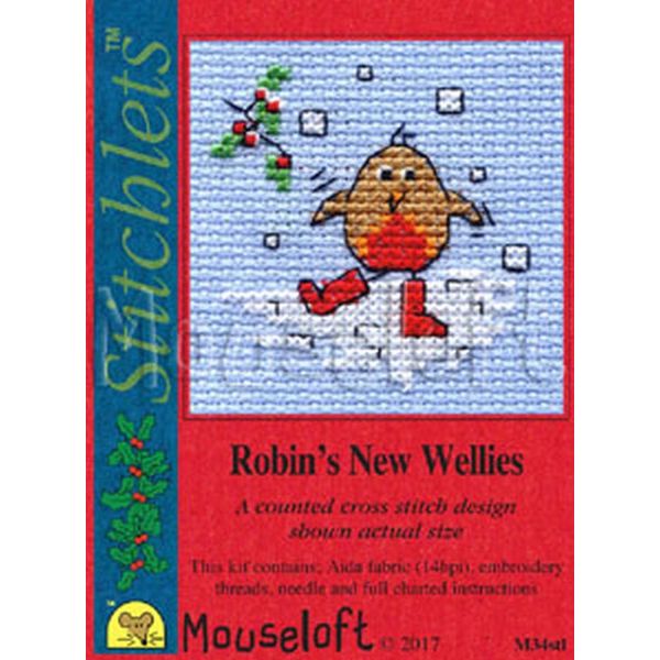 Mouseloft Mini Cross Stitch Kit - Robin's New Wellies, Christmas Collection