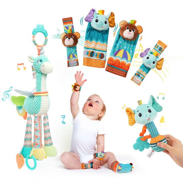 6 Pcs Newborn Montessori Hanging Toys for Stroller Crib and Car Seat, Baby Socks and Wrists Sensory Rattles Toys for Infant, Baby Toys 0-6-12 Months, Baby Boy and Girl Gifts