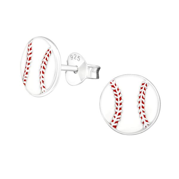 Hypoallergenic Solid 925 Sterling Silver Sports Fan Baseball/Softball Stud Earrings (Baseball 8mm Round Flat)