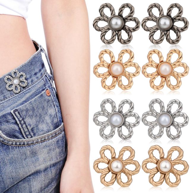 COMNICO 8 Sets Flower Jeans Buttons Pins, Metal No Sew Pant Waist Tightener Instant Adjuster Buckle, Detachable Cinched Waist Decorative for Loose Pants Skirts Sleeves