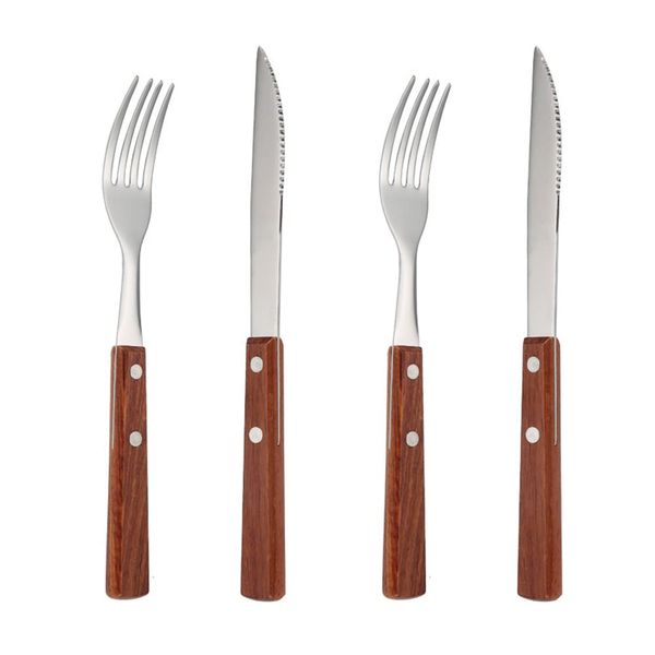 KXLCGYK Steak Knife Fork Set, Wooden Handle, 18-8 Stainless Steel, 4-Piece Set, Knife and Fork Set, Cutlery, Stylish