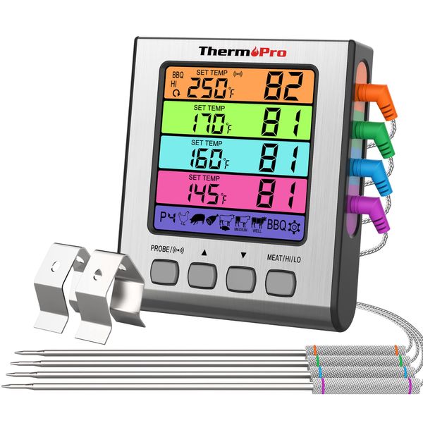 ThermoPro TP17H Digital Meat Thermometer with 4 Temperature Probes, HI/LOW Alarm Smoker Food Thermometer with Colored Backlit LCD, BBQ Thermometer for Cooking Grilling Kitchen Oven Barbecue Turkey