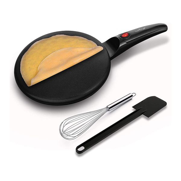 Electric Crepe Maker - Cooks Roti, Tortillas & Pancakes - Nonstick Cooktop - 8-inch Cook Area w/On/Off Switch, Automatic Temperature Control & Cool Touch Handle - Includes Food Bowl, Whisk & Spatula