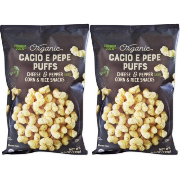 2 Packs Trader Joe's Organic Cacio E Pepe Puffs Corn&Rice Snacks 4.9oz Each Pack