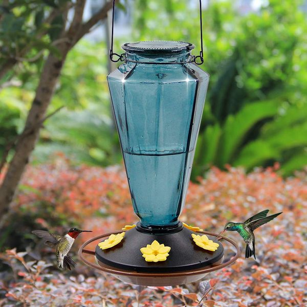 Juegoal Glass Hummingbird Feeders for Outdoors - 22 oz Wild Bird Feeder 5 Feeding Ports, Diamond Shaped Metal Handle Hanging for Garden Tree Yard Outside Decoration, Gray-Blue