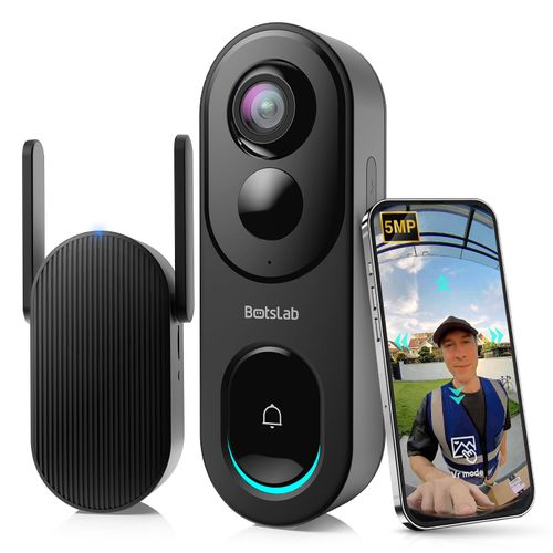 BOTSLAB Doorbell Camera Wireless, 5MP Video Doorbell with Homebase, 180°Panoramic View, No Monthly Fee, 2.4 GHz WiFi, AI Motion Detection, VR Mode, Battery or Wired Powered
