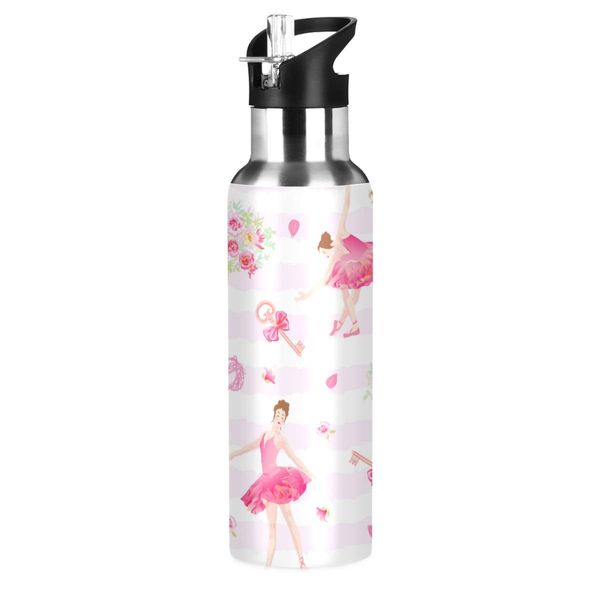 Qilmy Sport Water Bottle with Straw Lid Vacuum Insulated Stainless Steel Thermo Flask Ballet Girl Water Bottle 20 oz