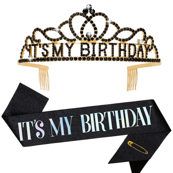 BAHABY It's My Birthday Sash & Rhinestone Tiara Set Princess Birthday Sash and Tiara for Women Birthday Decorations (Black)