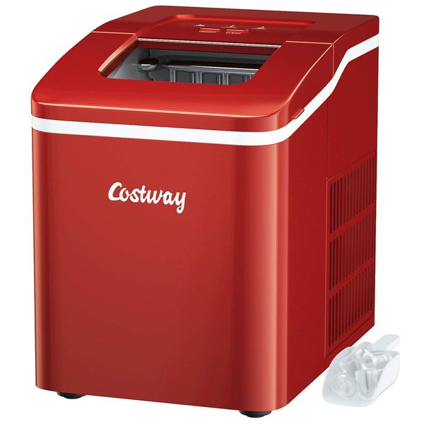 COSTWAY 12kg/24H Ice Machine Counter Top, 9 Cubes Ready in 8 Minutes, Electric Ice Cube Maker with Self-Cleaning Function, Scoop and Removable Basket for Home Office Party Bar (Red)