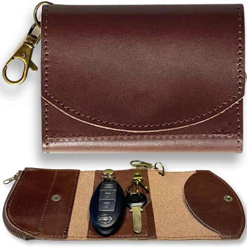 iaji Key Case, Coin Purse, Compatible with Smart Key, Leather, Tochigi Leather, Smart Key Case, Men's, Women's, Integrated Wallet, Braun