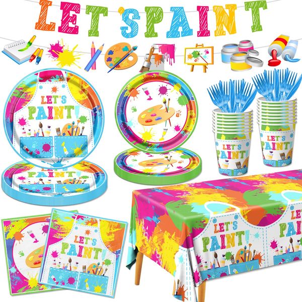 Paint Party Supplies, 142 Pcs Art Paint Party Tableware Set Include Paint Party Plates and Napkins,Art Tablecloths,Paint Banner,Cups,Art Birthday Party Decorations for Kid, Teens and Adults,Serves 20