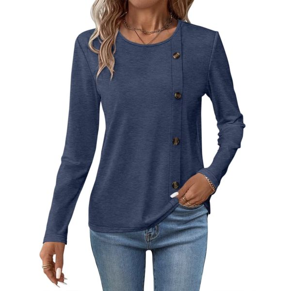 Minetom Women's Long Sleeve Shirts Round Neck Button Side Blouses Tops Fall Clothes Navy Blue