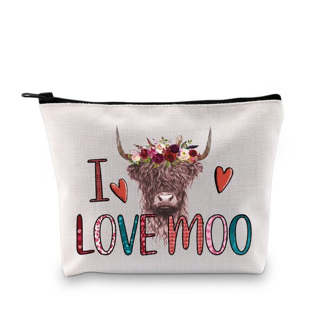 PLITI Highland Cow Makeup Bag Cow Lover Cosmetic Bag Farm Girl Gift I Love Moo Funny Cow Saying Gift for Girlfriend Wife (I Love Cow U)