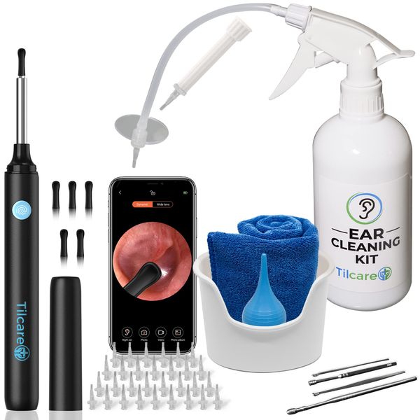 Ear Wax Removal Tool with Ear Camera by Tilcare - Ear Irrigation Flushing System for Adults & Kids - Perfect Ear Cleaning Kit - Includes Basin, Syringe, Curette Kit, Towel and 30 Disposable Tips