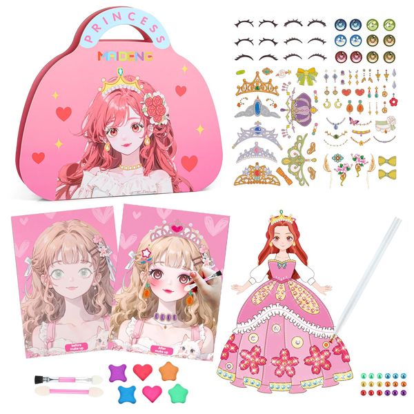 liooking 3 in 1 Arts and Crafts, Paper Dolls Sticker Book & Makeup & Gem Art Kits for Kids, Princess Toys for Girls Ages 4 5 6 7 8+ Year Old Birthday Christmas Gifts