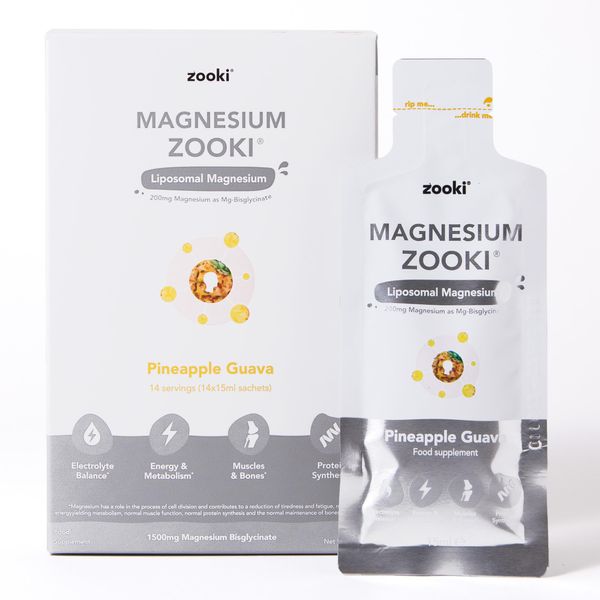 Zooki 1500mg Liposomal Magnesium Bis-Glycinate Liquid Sachets, 200mg Elemental Magnesium | 4X Higher Absorption Clinically Proven | Natural Ingredients | (Pineapple Guava flavour, 14 Servings)