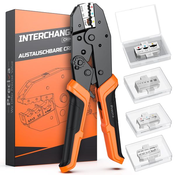 Preciva Crimping Pliers Ratcheting Wire Crimper Tool Set for Heat Shrink, Nylon, Non-Insulated Connectors, Ferrule Terminals with 4 Heads for Quick Change