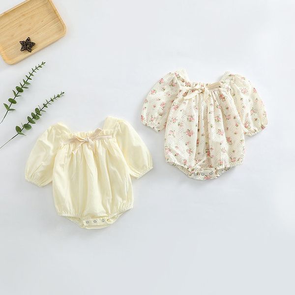 Baby Girl Ditsy Flower Pattern Or Solid Color Long Sleeve Bodysuit - 73 (6-9M) / Beige