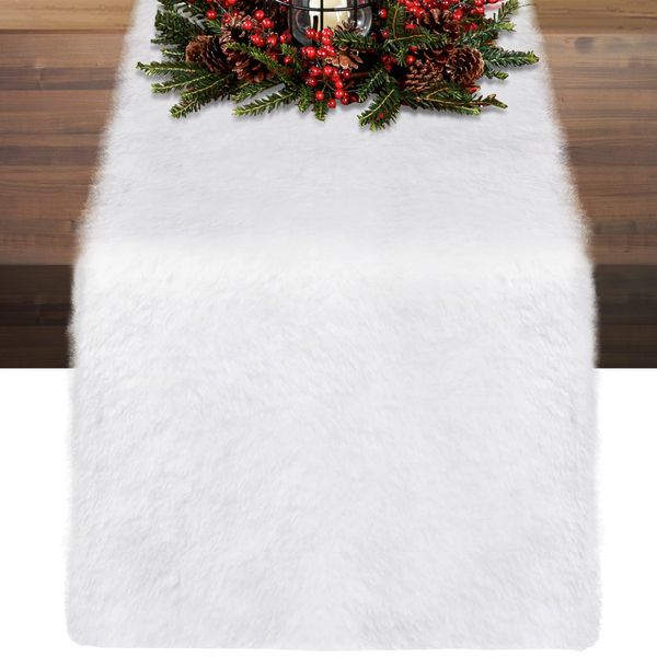 Christmas Table Runner Faux Fur Winter Snowy White Table Runner Christmas Table Decorations Dresser Decor White Winter Tablescapes for Christmas,Dinning Table-15 x 72inch