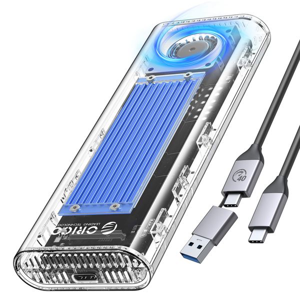 ORICO 40Gbps M.2 NVMe SSD Enclosure with Built-in Cooling Fan, Upgraded Transparent External Hard Drive Enclosure, Support 2230 2242 2260 2280(only M key), Compatible with USB4/3.2/3.1/3.0/2.0-BL