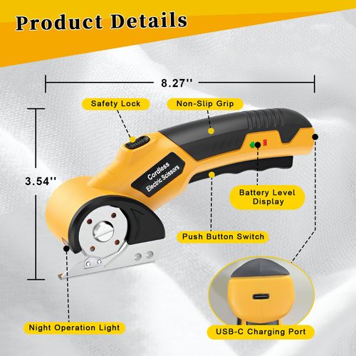 Cordless Electric Scissors, Cardboard Cutter Tool Electric, 4V 2000mAh Power Rotary Cutter with Night Operation Lighting, Cordless Cardboard Cutter for Fabric, Cardboard, Carpet, Leather