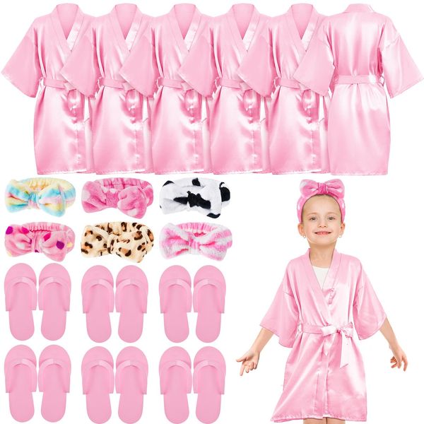 Jecery 18 Pcs Spa Party Supplies for Girls 6 Satin Kimono Robe 6 Spa Headband 6 Disposable Foam Pedicure Slippers (Pink,Size 6)